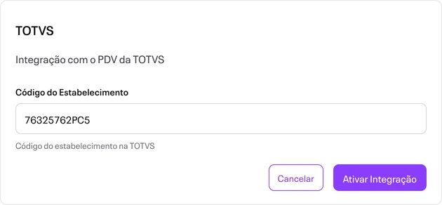Campo Código do Estabelecimento da integração TOTVS no portal da Accon