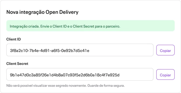 Client ID e Client Secret gerados para a integração Open Delivery no portal da Accon