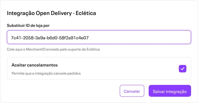 Campo Substituir ID de loja por, com o MerchantID enviado pela Eclética, no portal da Accon