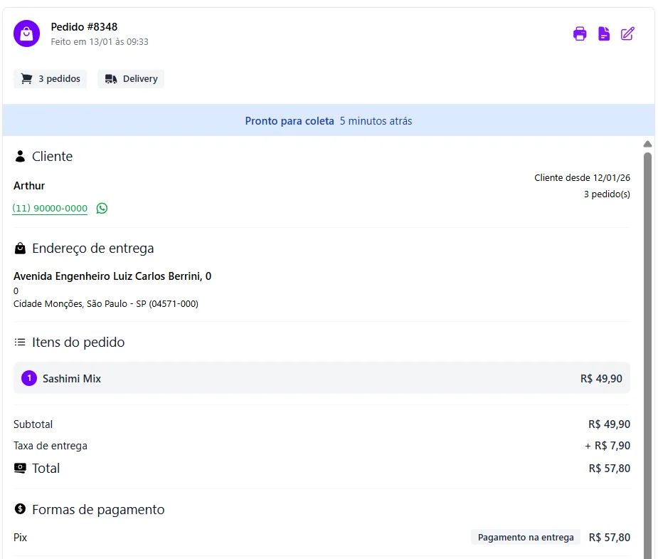 Pedido aberto na Accon com cliente, endereço, itens, total e forma de pagamento